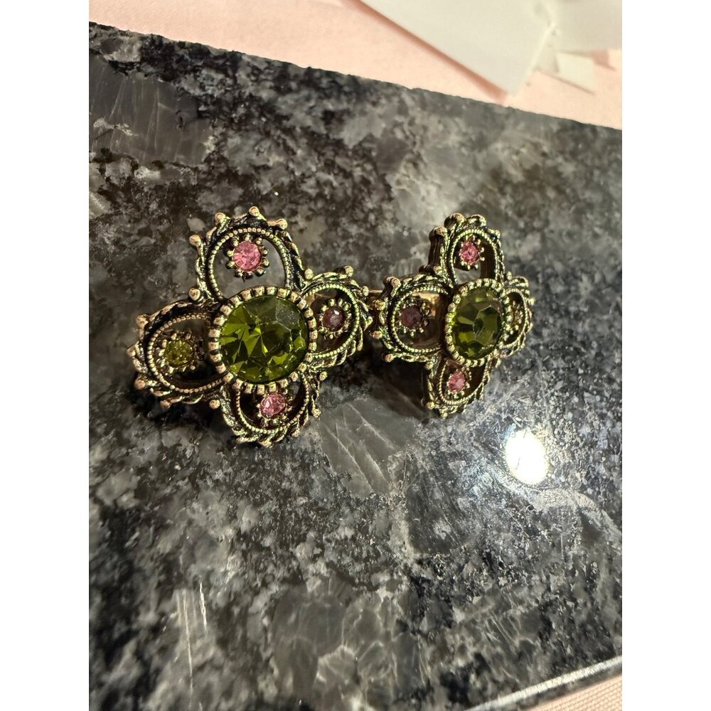 Vintage Sarah Coventry Green & Pink Rhinestone Flower Clip-On Earrings Gold Tone - Picture 4 of 9